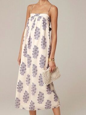 J.Crew Floaty Midi Dress in Block Print Cotton Voile Warm Sesame Lavender | XL